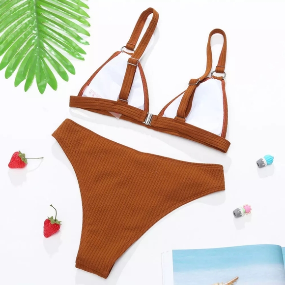 New Ribbed Triangle Bralette High Waist Bikini Set - Picture 6 of 9